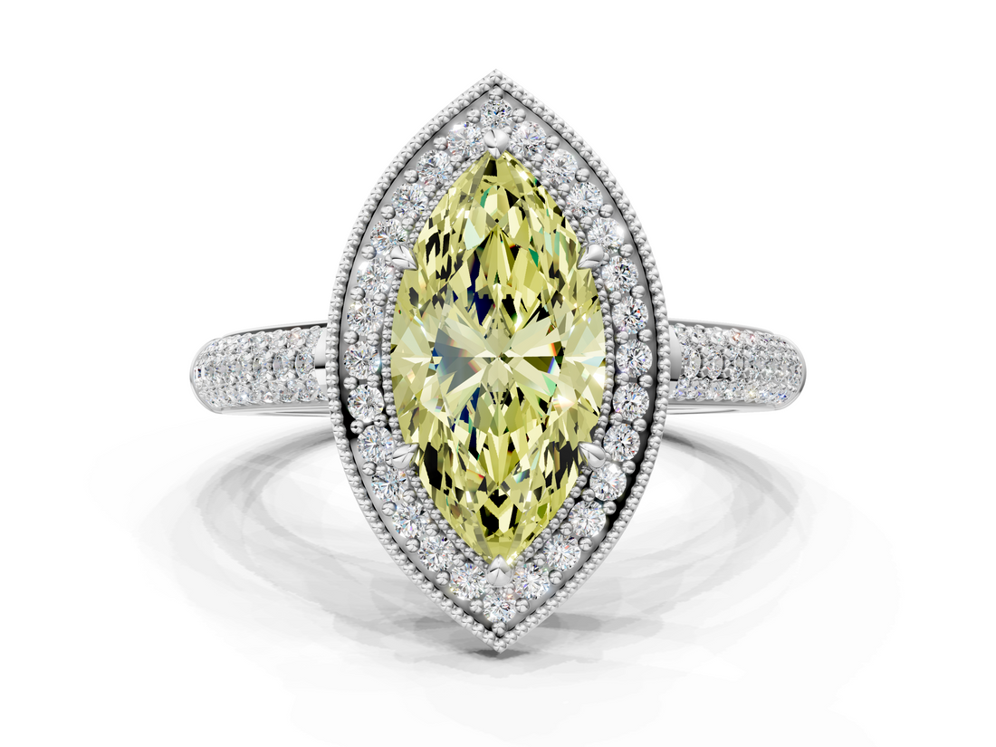 White gold Fancy Yellow Marquise  Cut Halo Diamond Pave Band with Four-Prong Setting