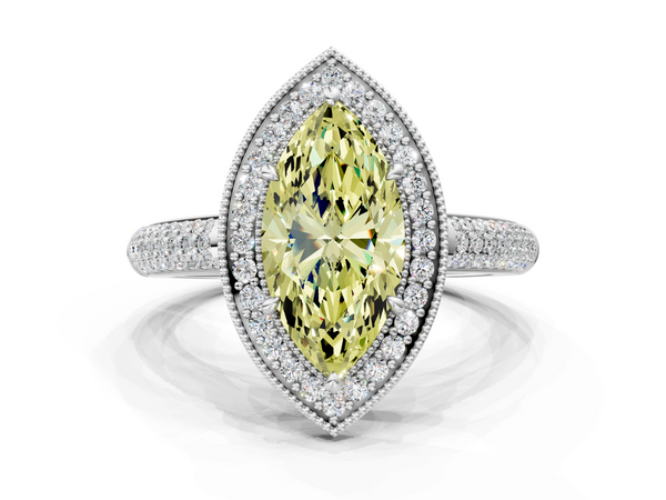 Platinum Fancy Yellow Marquise  Cut Halo Diamond Pave Band with Four-Prong Setting