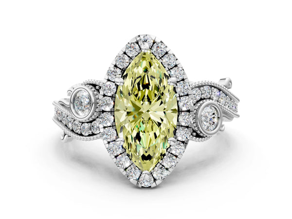Platinum Fancy Yellow Marquise Cut Halo Diamond Ring with Milgrain and Bezel Accents on a Split Shank Band