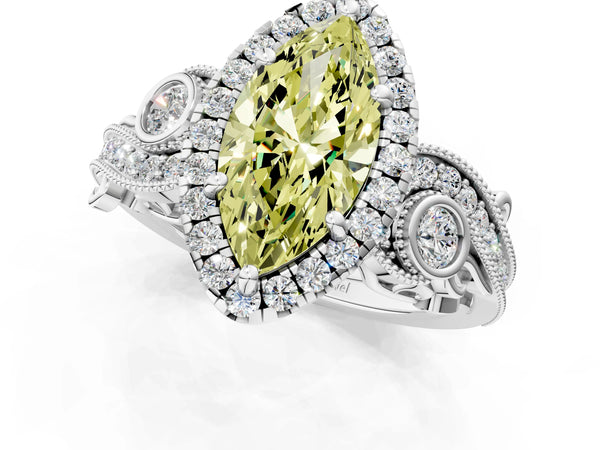 Platinum Fancy Yellow Marquise Cut Halo Diamond Ring with Milgrain and Bezel Accents on a Split Shank Band