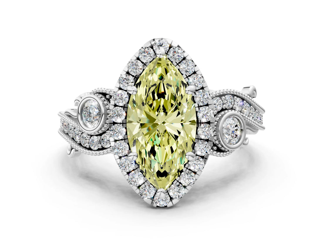 White gold Fancy Yellow Marquise Cut Halo Diamond Ring with Milgrain and Bezel Accents on a Split Shank Band_13