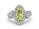 White gold Fancy Yellow Marquise Cut Halo Diamond Ring with Milgrain and Bezel Accents on a Split Shank Band_1