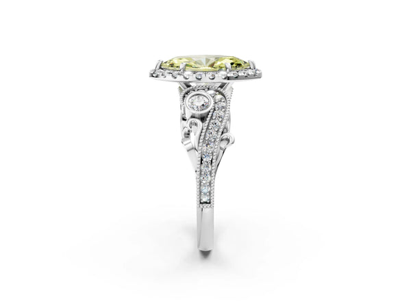 Platinum Fancy Yellow Marquise Cut Halo Diamond Ring with Milgrain and Bezel Accents on a Split Shank Band