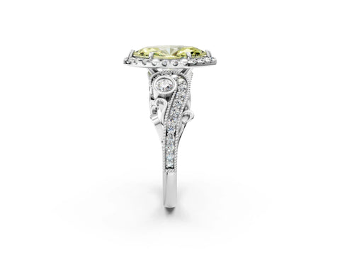 White gold Fancy Yellow Marquise Cut Halo Diamond Ring with Milgrain and Bezel Accents on a Split Shank Band_2