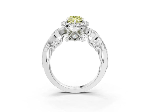 Platinum Fancy Yellow Marquise Cut Halo Diamond Ring with Milgrain and Bezel Accents on a Split Shank Band