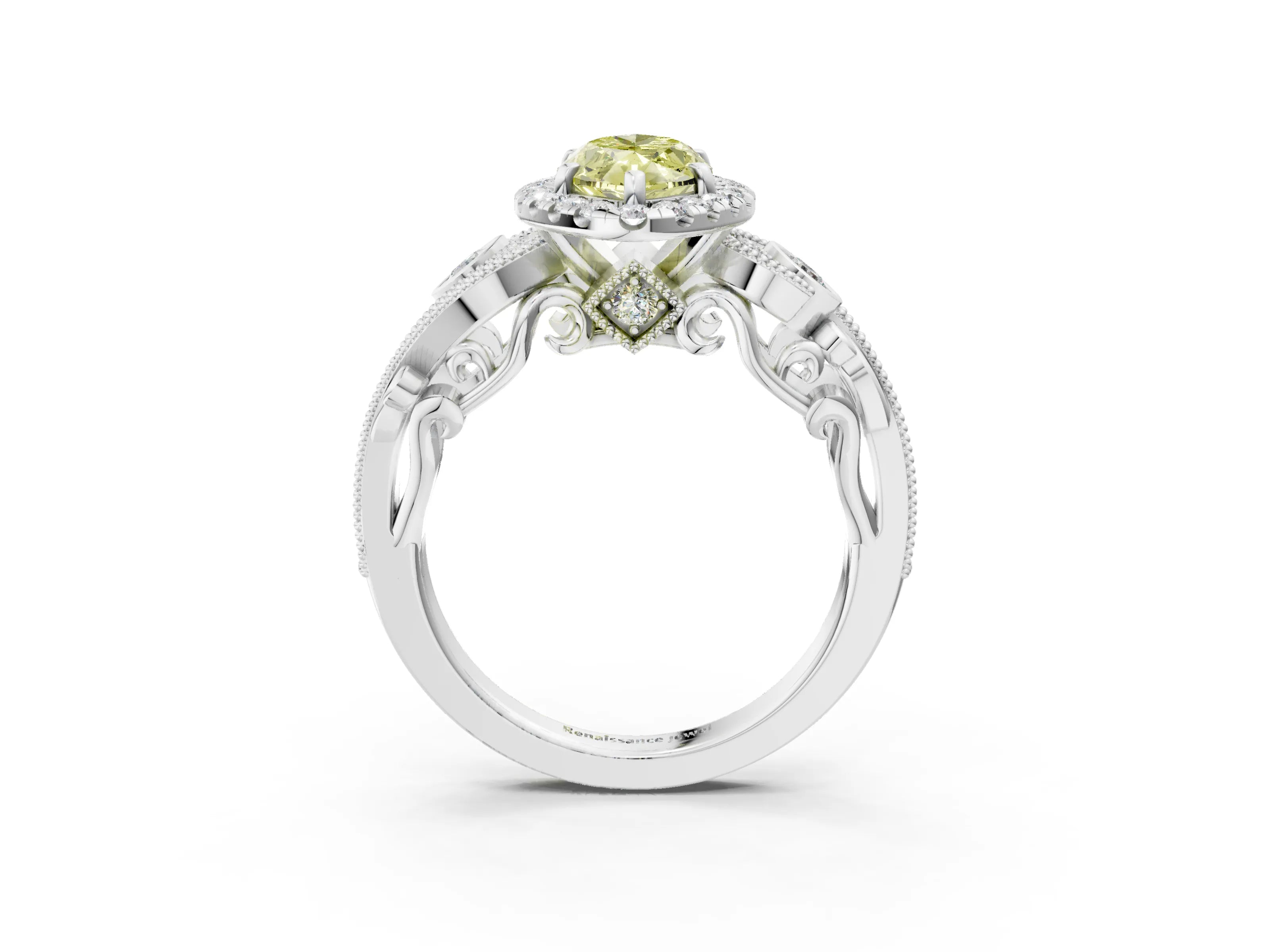 White gold Fancy Yellow Marquise Cut Halo Diamond Ring with Milgrain and Bezel Accents on a Split Shank Band_3