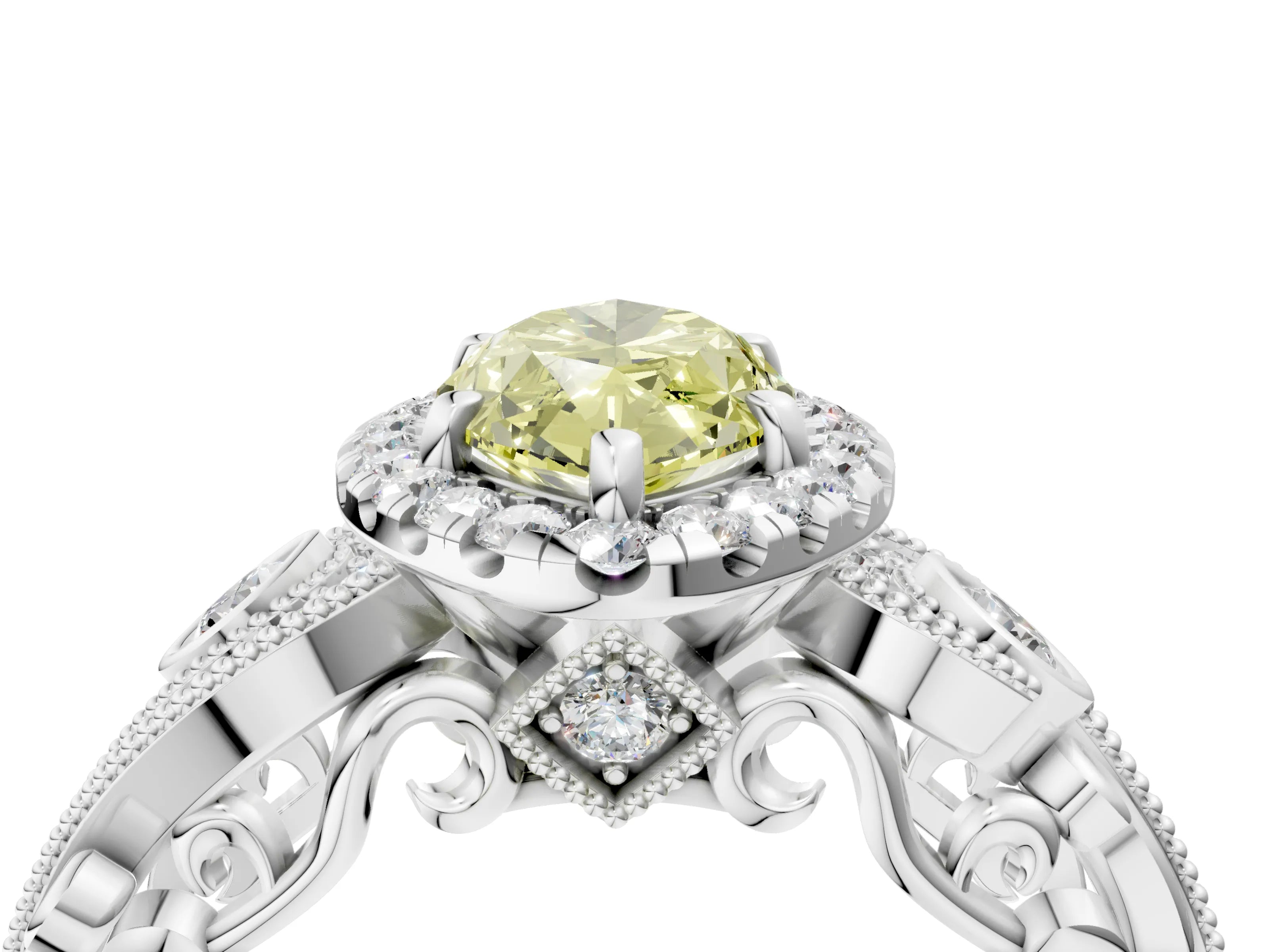 White gold Fancy Yellow Marquise Cut Halo Diamond Ring with Milgrain and Bezel Accents on a Split Shank Band_4