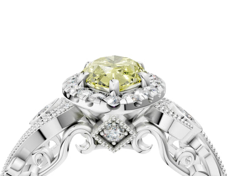White gold Fancy Yellow Marquise Cut Halo Diamond Ring with Milgrain and Bezel Accents on a Split Shank Band_4