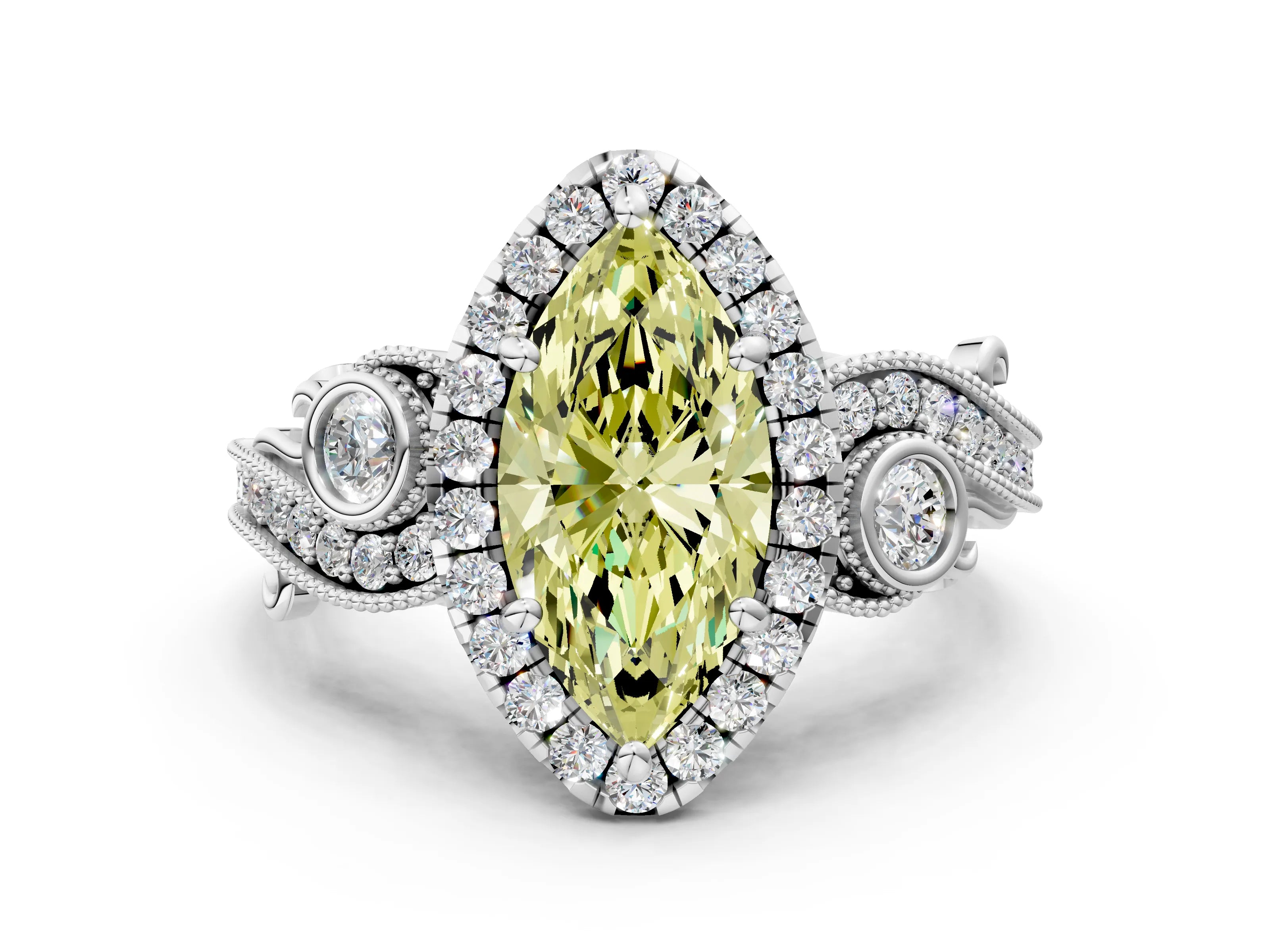 White gold Fancy Yellow Marquise Cut Halo Diamond Ring with Milgrain and Bezel Accents on a Split Shank Band