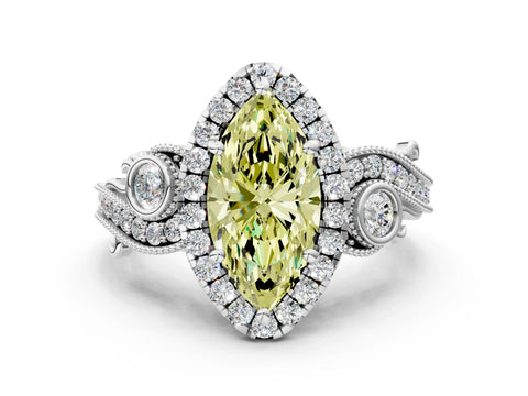 White gold Fancy Yellow Marquise Cut Halo Diamond Ring with Milgrain and Bezel Accents on a Split Shank Band