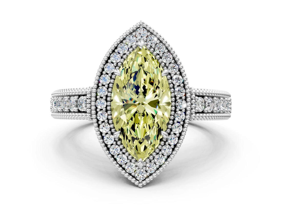 White gold Fancy Yellow Marquise  Cut Halo Diamond Ring with Pavé Band and Four-Prong Setting_28