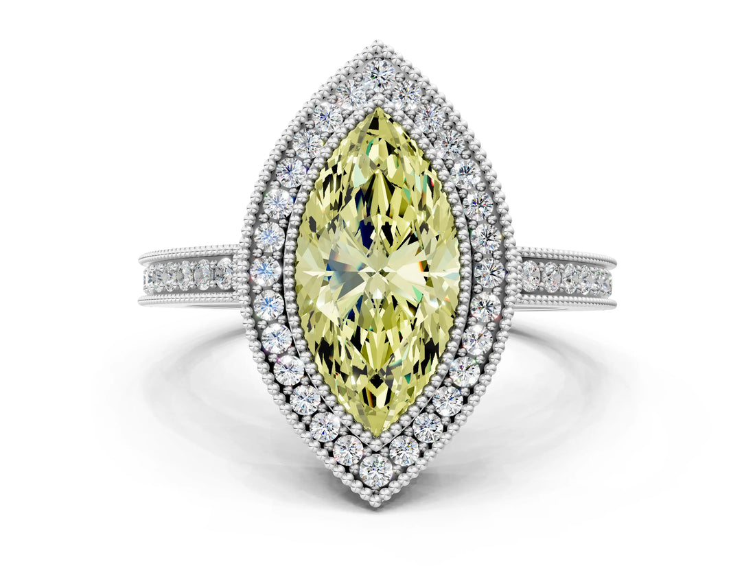 White gold Fancy Yellow Marquise  Cut Halo Diamond Ring with Pavé Band and Milgrain Prong Setting_32