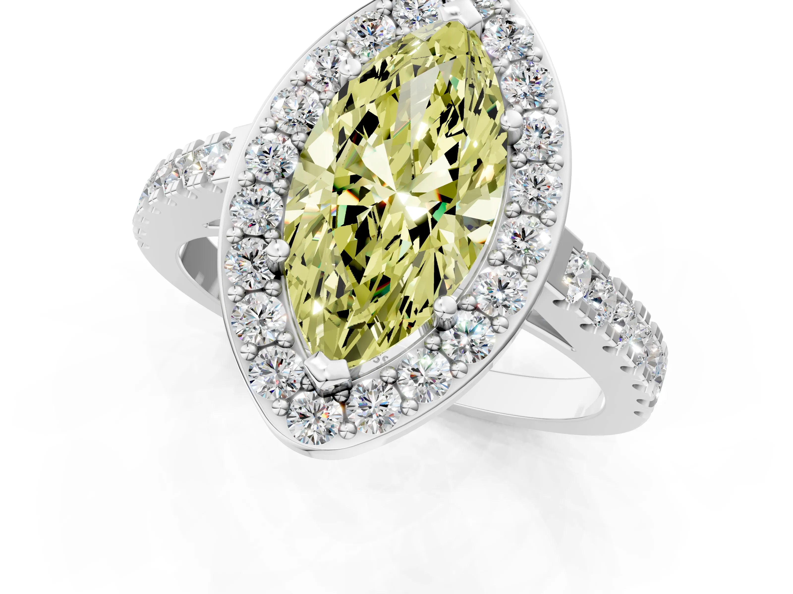 White gold Fancy Yellow Marquise Cut Halo Diamond Ring with Pavé Band and Three-Prong Setting_1