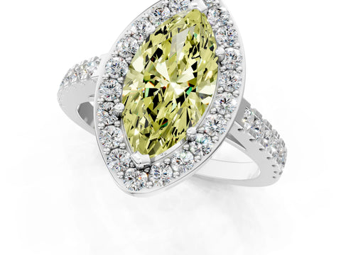 White gold Fancy Yellow Marquise Cut Halo Diamond Ring with Pavé Band and Three-Prong Setting_1