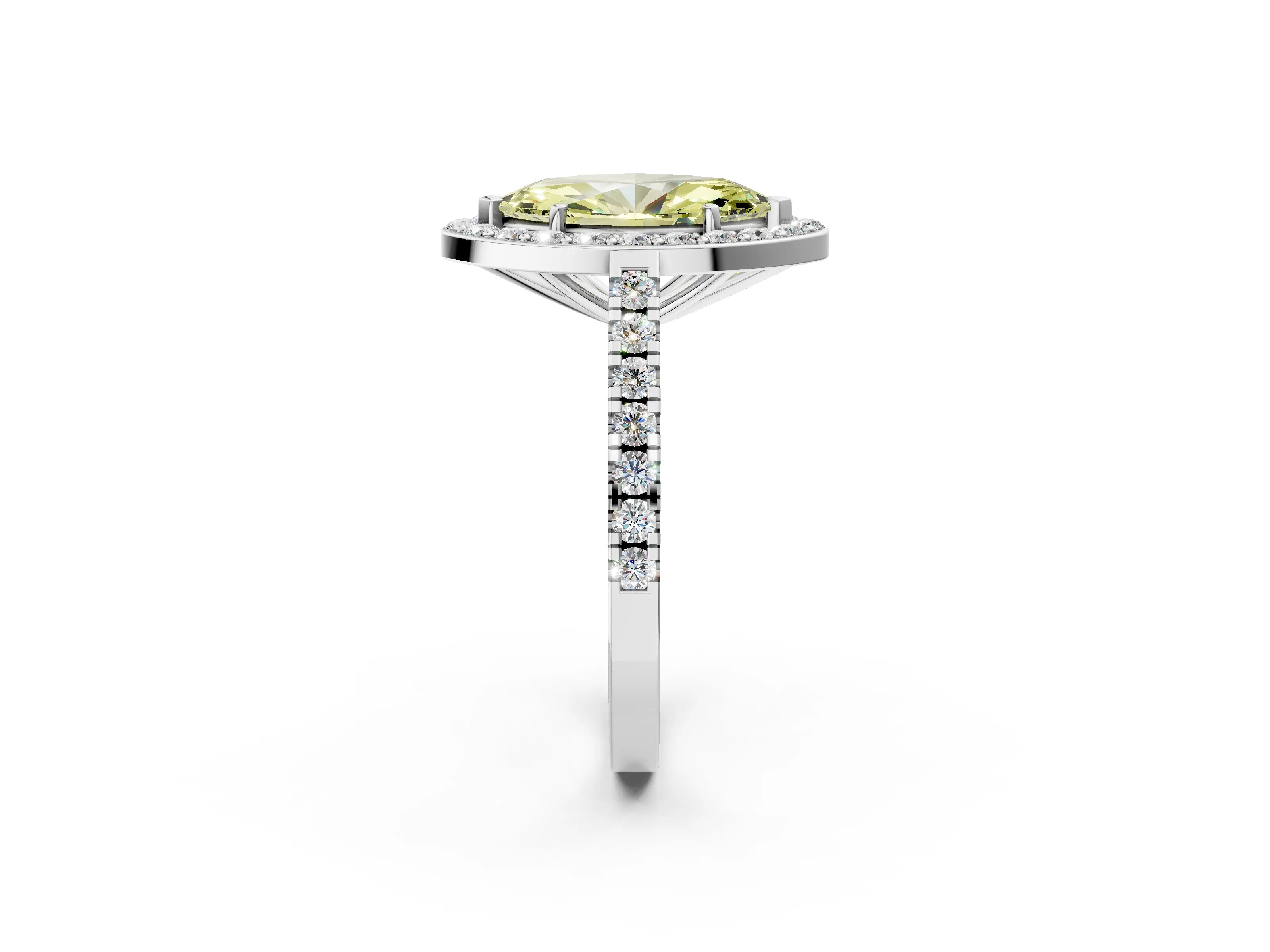 White gold Fancy Yellow Marquise Cut Halo Diamond Ring with Pavé Band and Three-Prong Setting_2