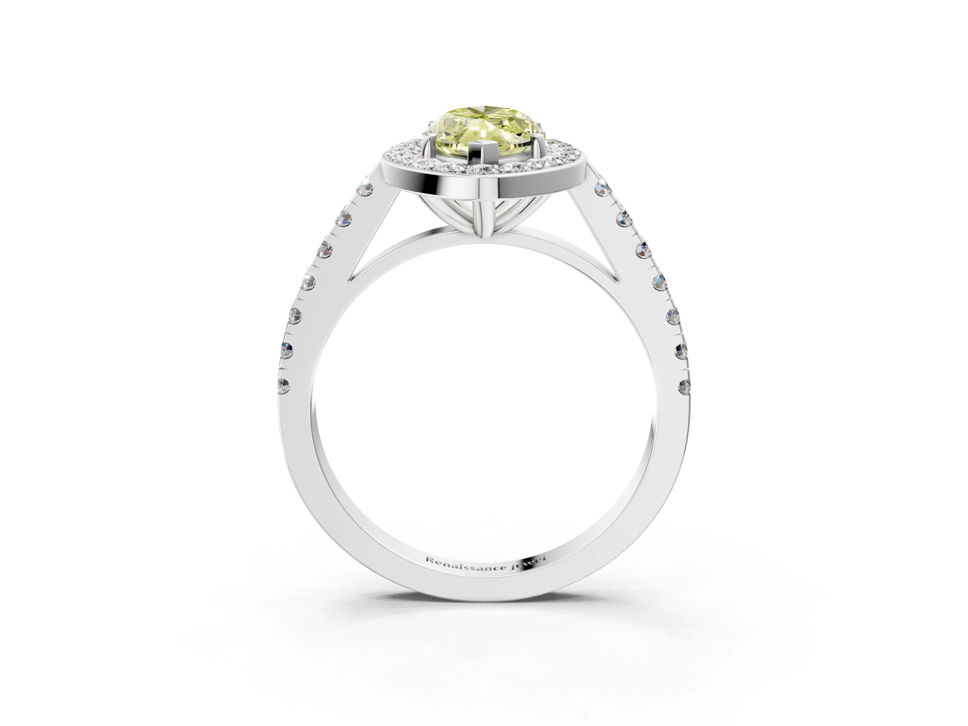 White gold Fancy Yellow Marquise Cut Halo Diamond Ring with Pavé Band and Three-Prong Setting_3