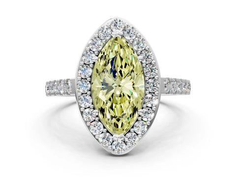 White gold Fancy Yellow Marquise Cut Halo Diamond Ring with Pavé Band and Three-Prong Setting
