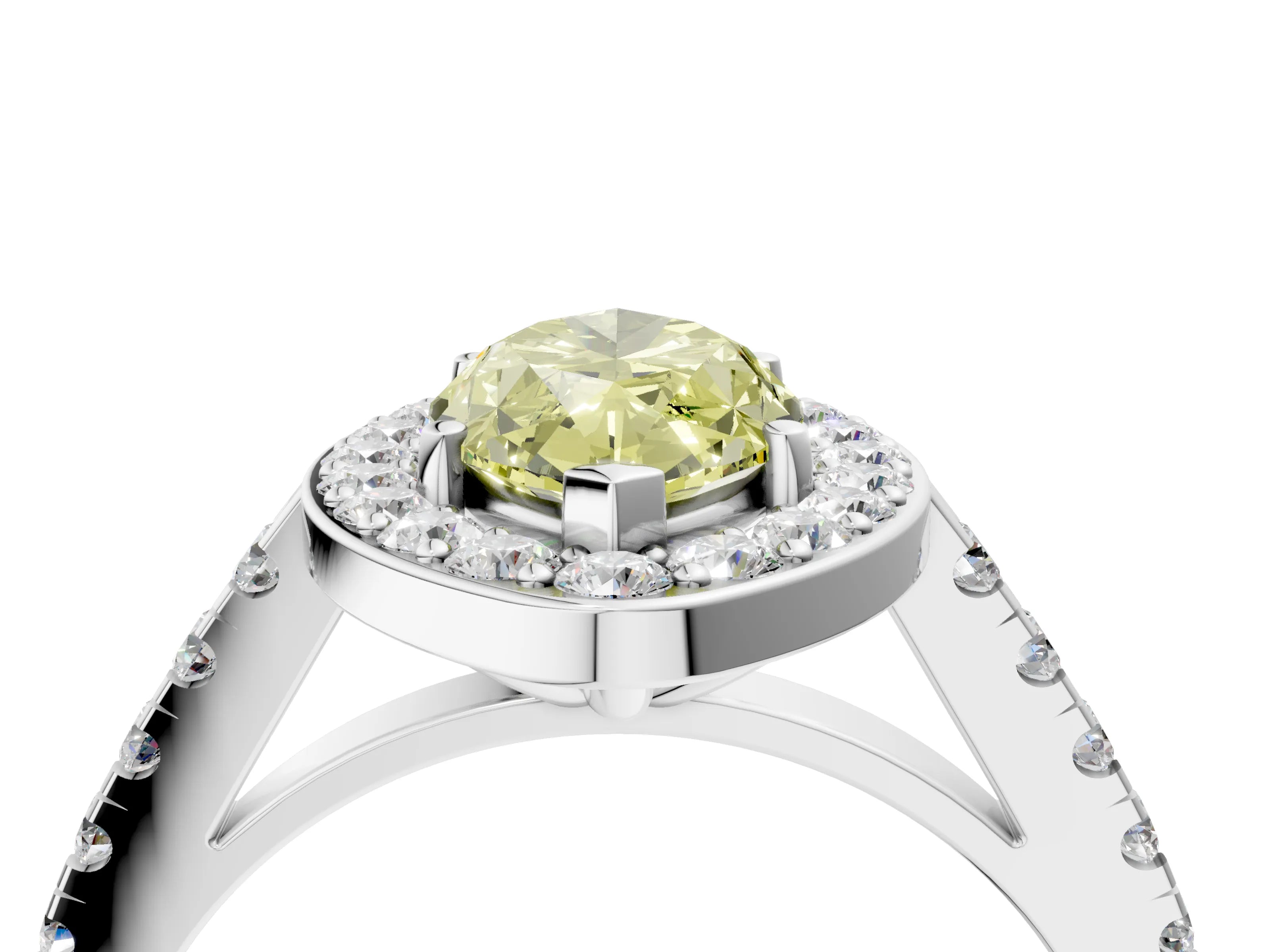 White gold Fancy Yellow Marquise Cut Halo Diamond Ring with Pavé Band and Three-Prong Setting_4