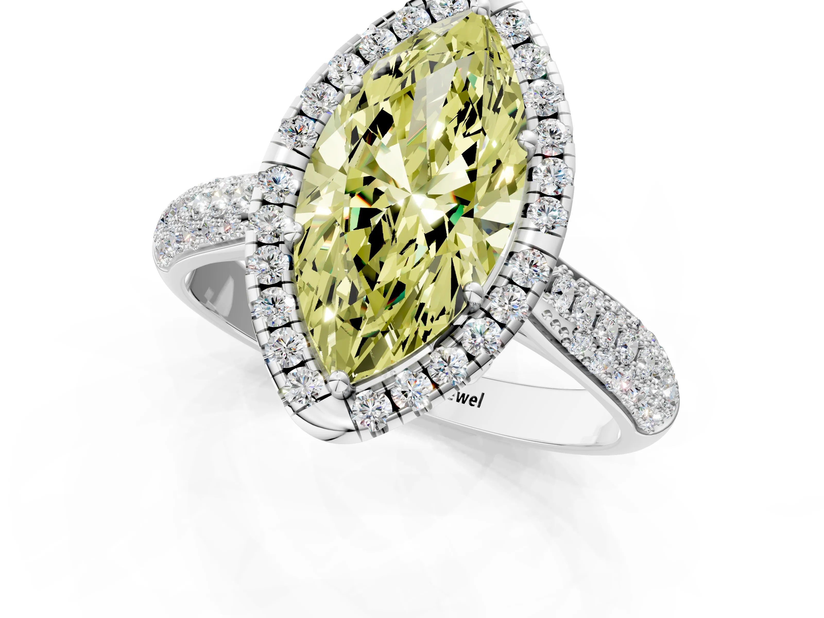 White gold Fancy Yellow Marquise Cut Halo Diamond Ring with Pavé Band_1