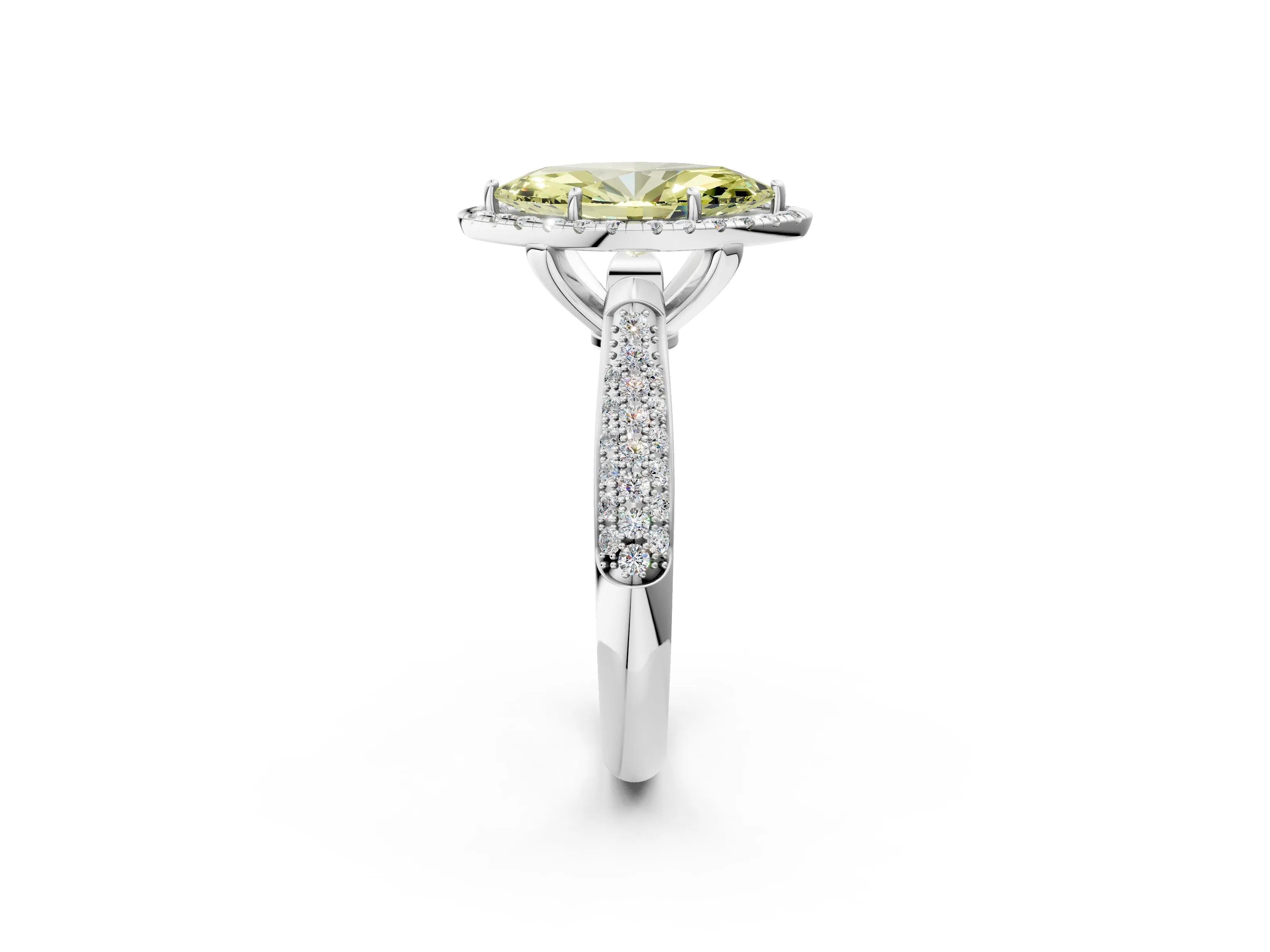 White gold Fancy Yellow Marquise Cut Halo Diamond Ring with Pavé Band_2