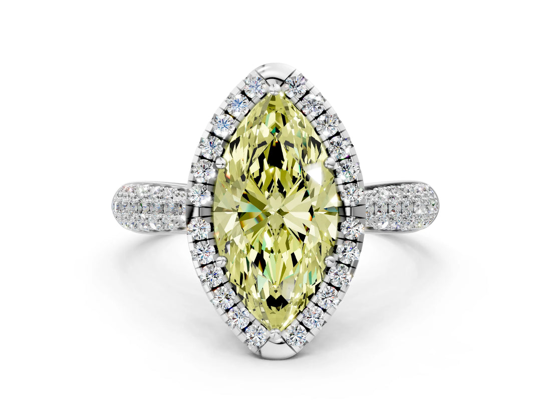 White gold Fancy Yellow Marquise Cut Halo Diamond Ring with Pavé Band_36
