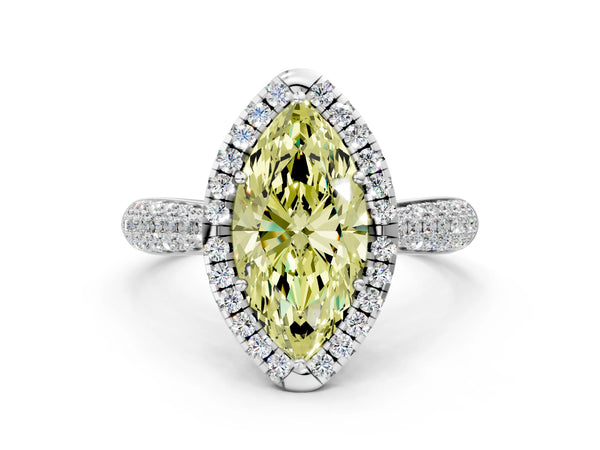 Platinum Fancy Yellow Marquise Cut Halo Diamond Ring with Pavé Band