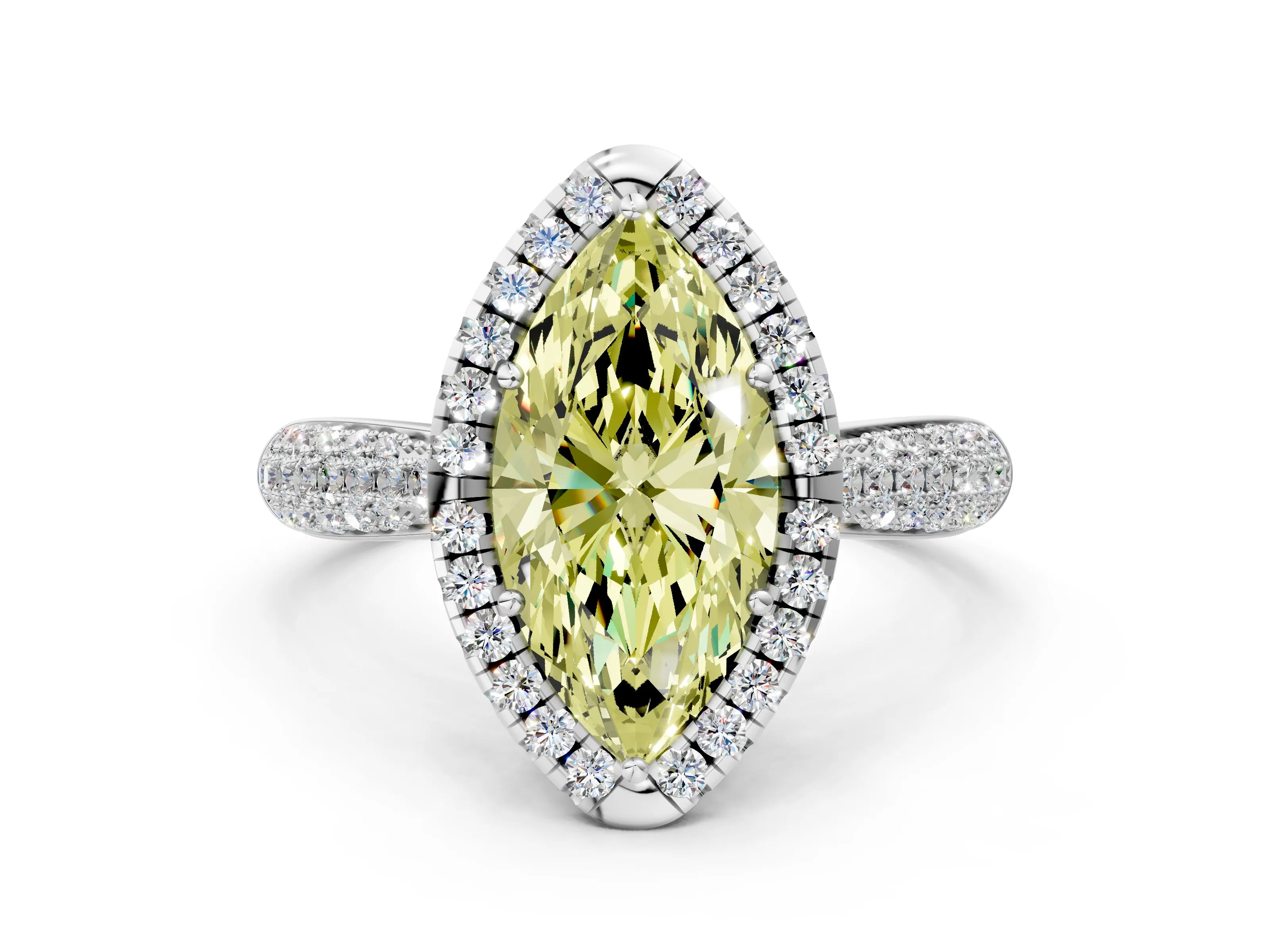 White gold Fancy Yellow Marquise Cut Halo Diamond Ring with Pavé Band_36