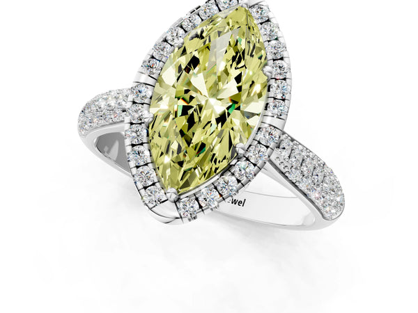 Platinum Fancy Yellow Marquise Cut Halo Diamond Ring with Pavé Band