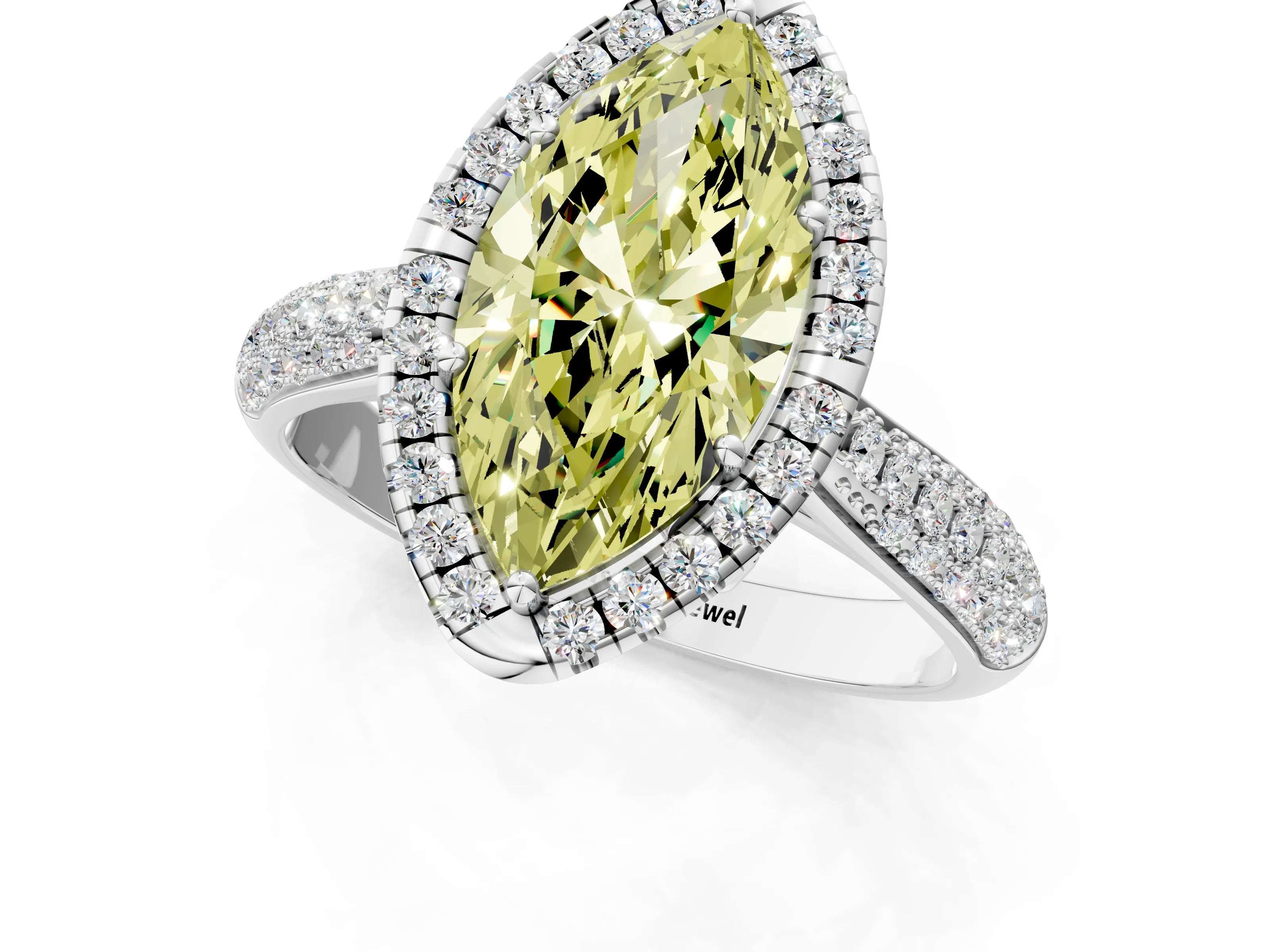 White gold Fancy Yellow Marquise Cut Halo Diamond Ring with Pavé Band_37