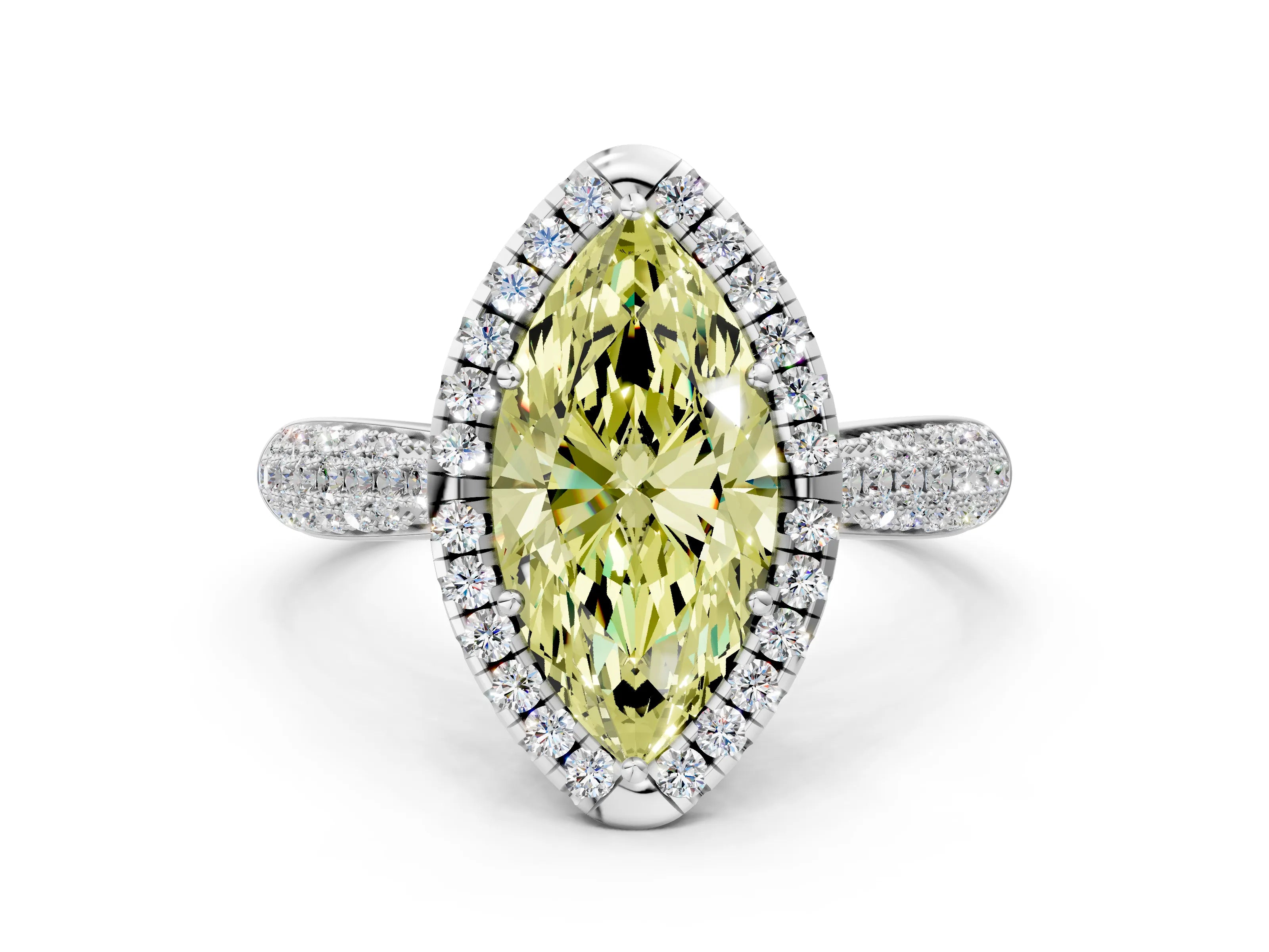 White gold Fancy Yellow Marquise Cut Halo Diamond Ring with Pavé Band