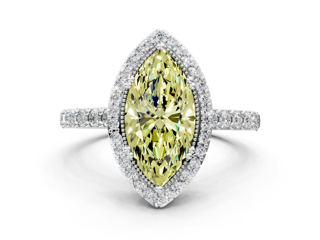 White gold Fancy Yellow Marquise  Cut Halo Diamond Ring with Pave Band and Four-Prong Setting