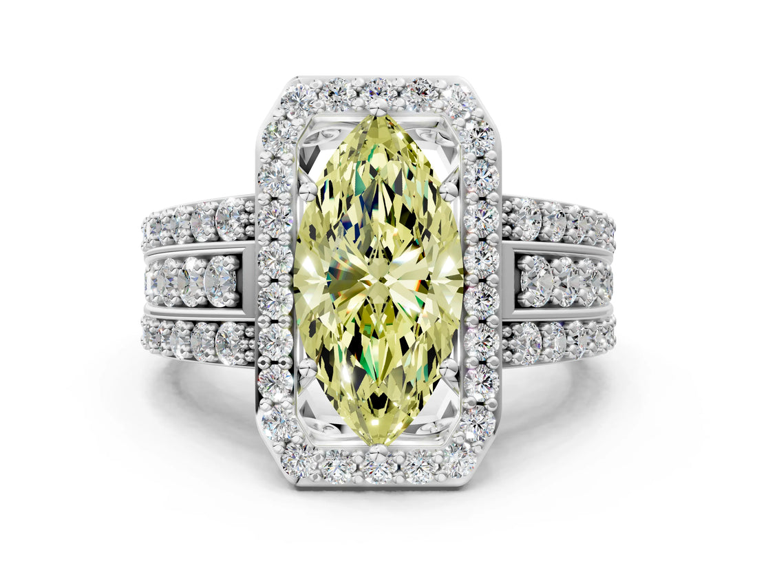 White gold Fancy Yellow Marquise Cut Halo Diamond Ring with Round  Split Shank and Prong Setting_58