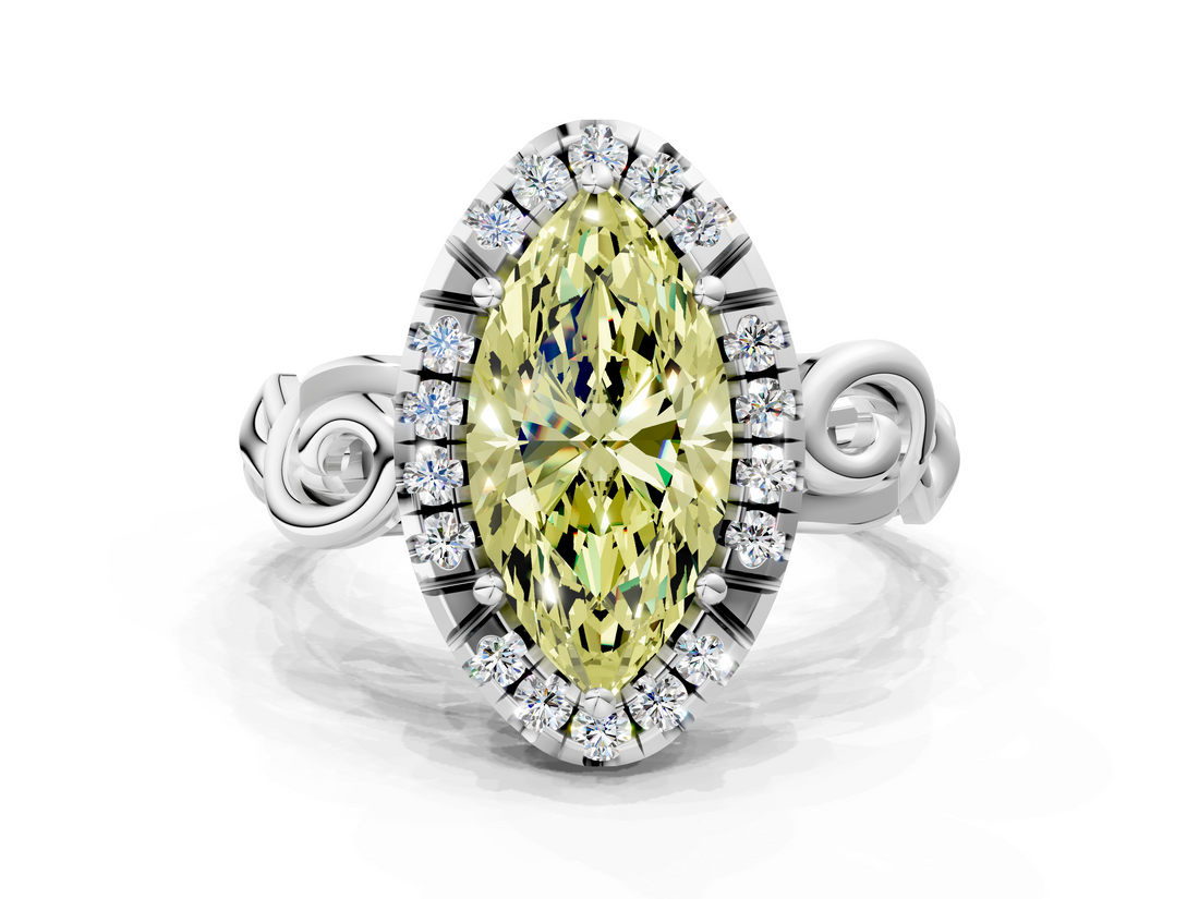 White gold Fancy Yellow Marquise  Cut Halo Diamond Ring with Scrollwork Band and Four-Prong Setting