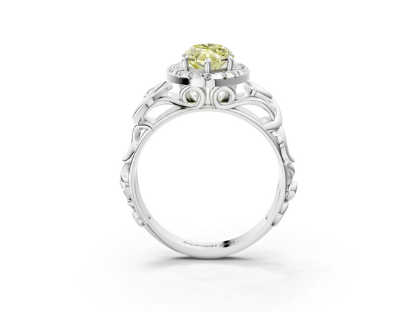 Platinum Fancy Yellow Marquise  Cut Halo Diamond Ring with Scrollwork Band and Four-Prong Setting