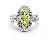 White gold Fancy Yellow Marquise  Cut Halo Diamond Ring with Scrollwork Band and Four-Prong Setting