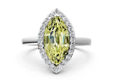 White gold Fancy Yellow Marquise Cut Halo Diamond Ring with Solitaire Band and Prong Setting