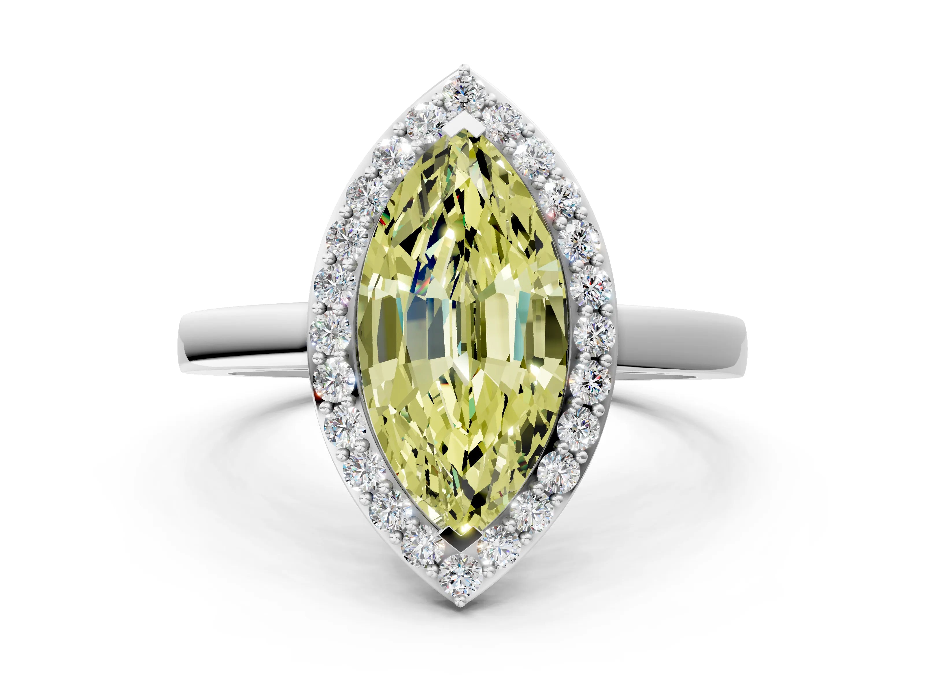 White gold Fancy Yellow Marquise Cut Halo Diamond Ring with Solitaire Band and Prong Setting