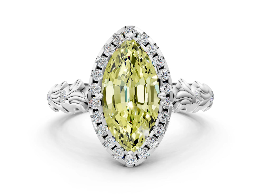 White gold Fancy Yellow Marquise Cut Halo Diamond Solitaire with Filigree Band and Four-Prong Setting_24