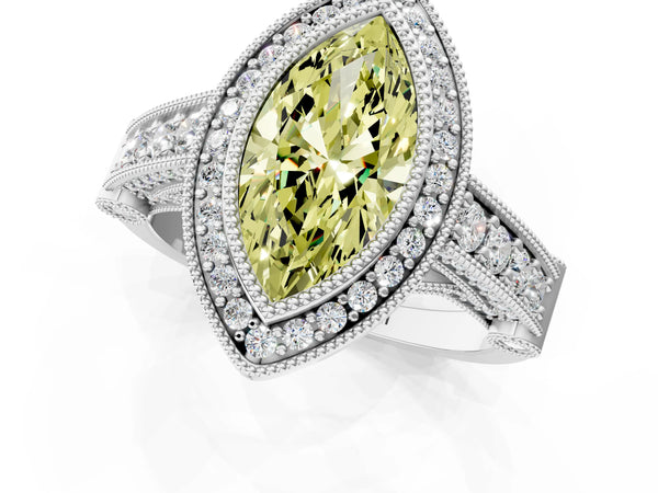 White Gold Marquise Vintage Bezel Halo Engagement Ring Setting for Fancy Yellow Center