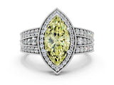 White gold Fancy Yellow Marquise Cut Halo Diamond Split Shank Ring with Prong Setting