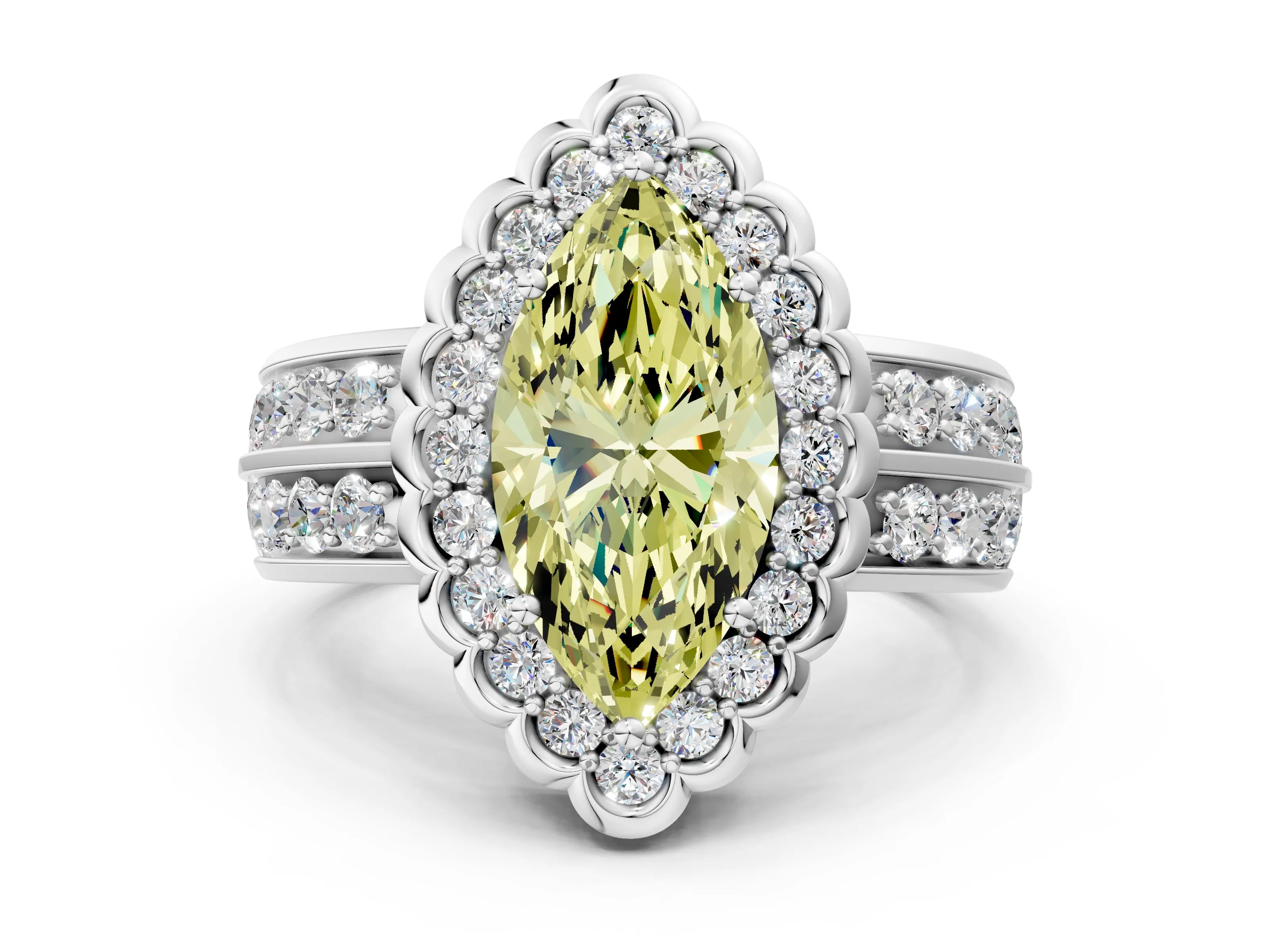 White gold Fancy Yellow Marquise Cut Halo Diamond Split Shank Ring with Scalloped Prong Setting_12