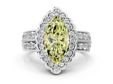 White gold Fancy Yellow Marquise Cut Halo Diamond Split Shank Ring with Scalloped Prong Setting_12