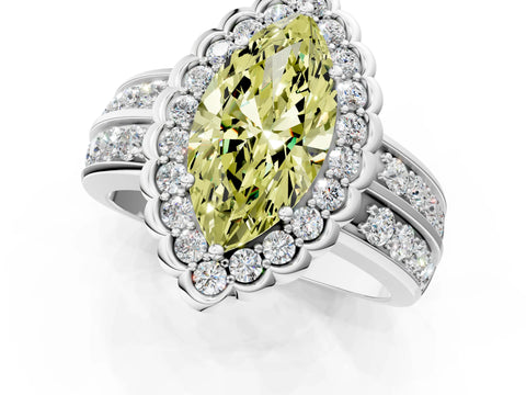 White gold Fancy Yellow Marquise Cut Halo Diamond Split Shank Ring with Scalloped Prong Setting_13