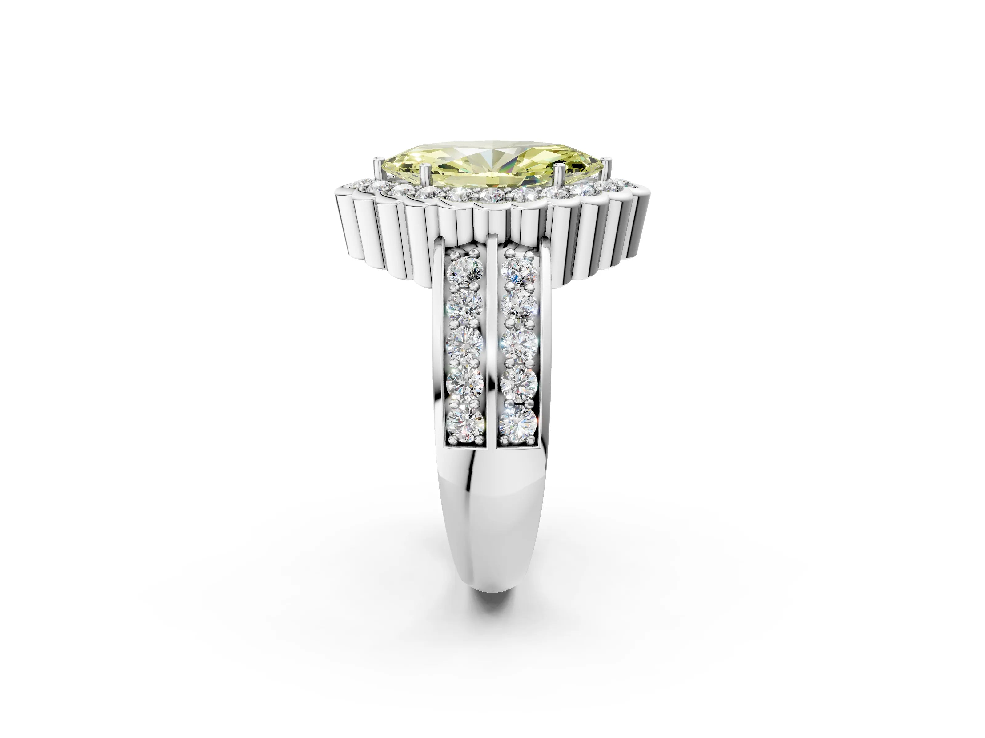 White gold Fancy Yellow Marquise Cut Halo Diamond Split Shank Ring with Scalloped Prong Setting_14