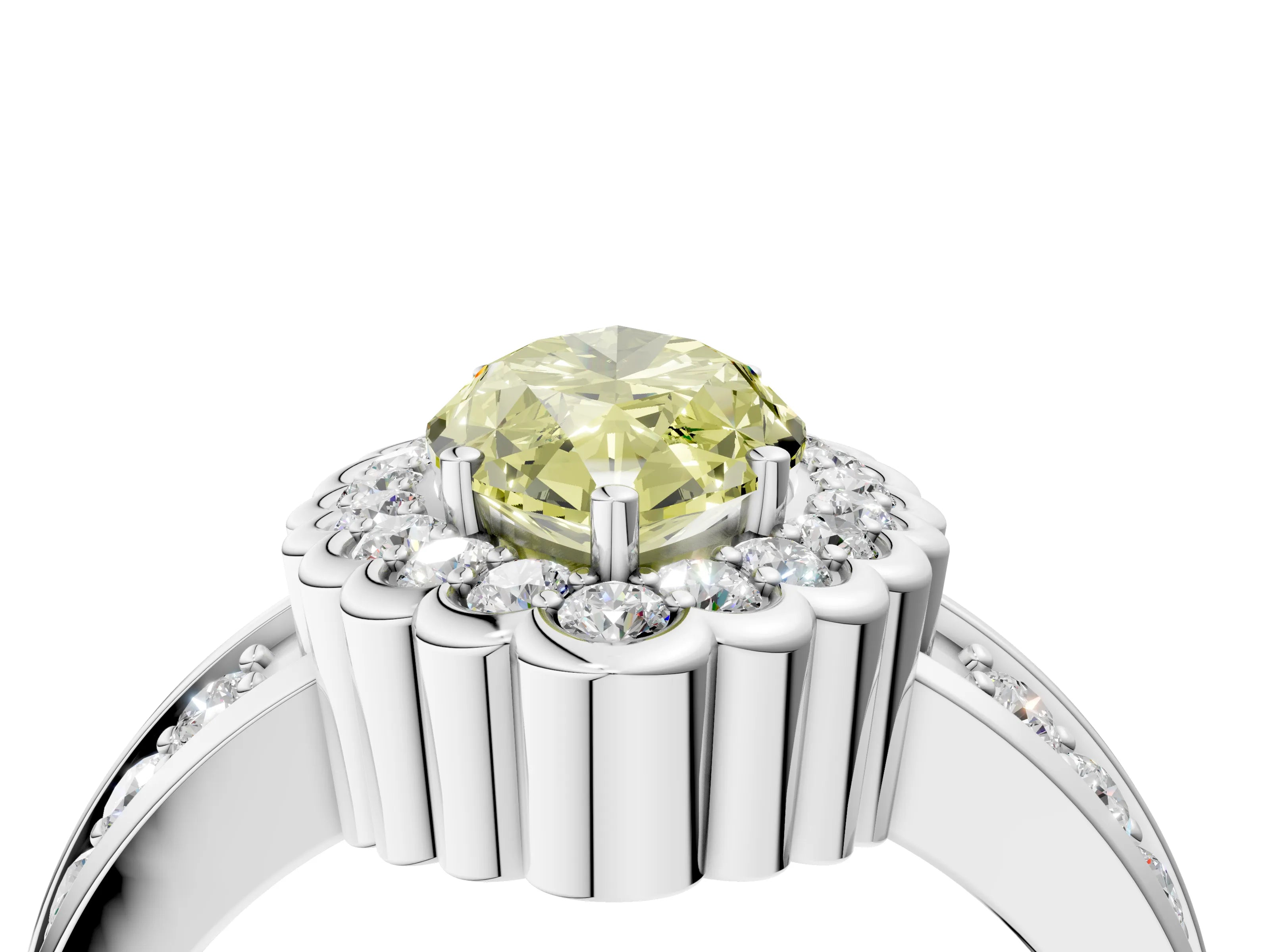 White gold Fancy Yellow Marquise Cut Halo Diamond Split Shank Ring with Scalloped Prong Setting_16