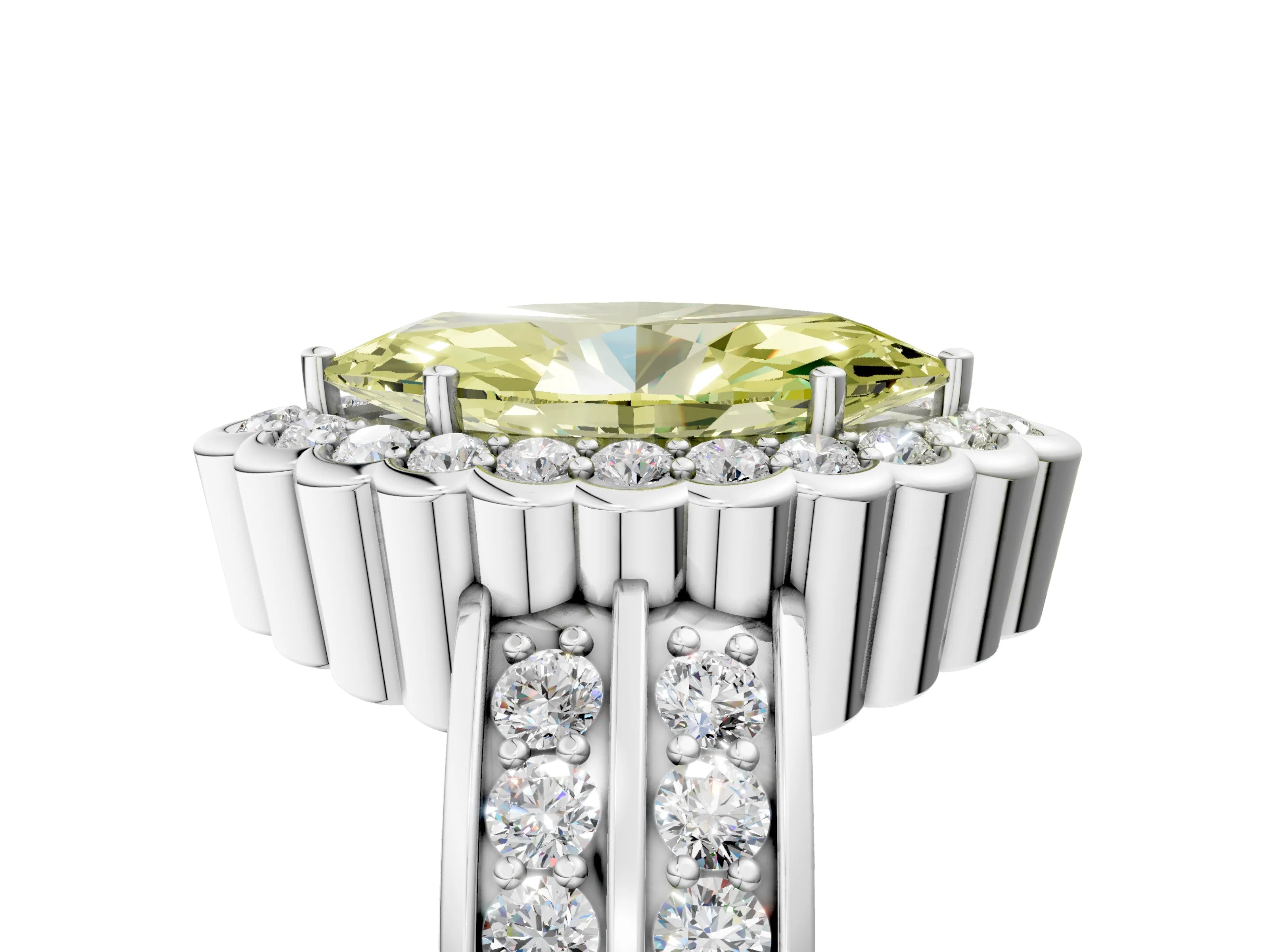 White gold Fancy Yellow Marquise Cut Halo Diamond Split Shank Ring with Scalloped Prong Setting_17