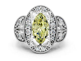 White gold Fancy Yellow Marquise Cut Halo Milgrain Diamond Engagement Ring with Leaf Band and Four-Prong Setting