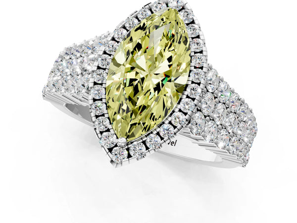 White gold Fancy Yellow Marquise Cut Halo Pavé Diamond Engagement Ring with Split Shank and Four-Prong Setting