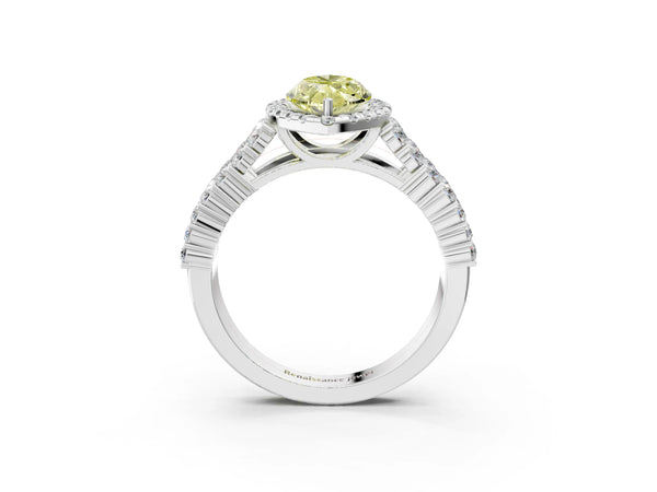 White gold Fancy Yellow Marquise Cut Halo Pavé Diamond Engagement Ring with Split Shank and Four-Prong Setting