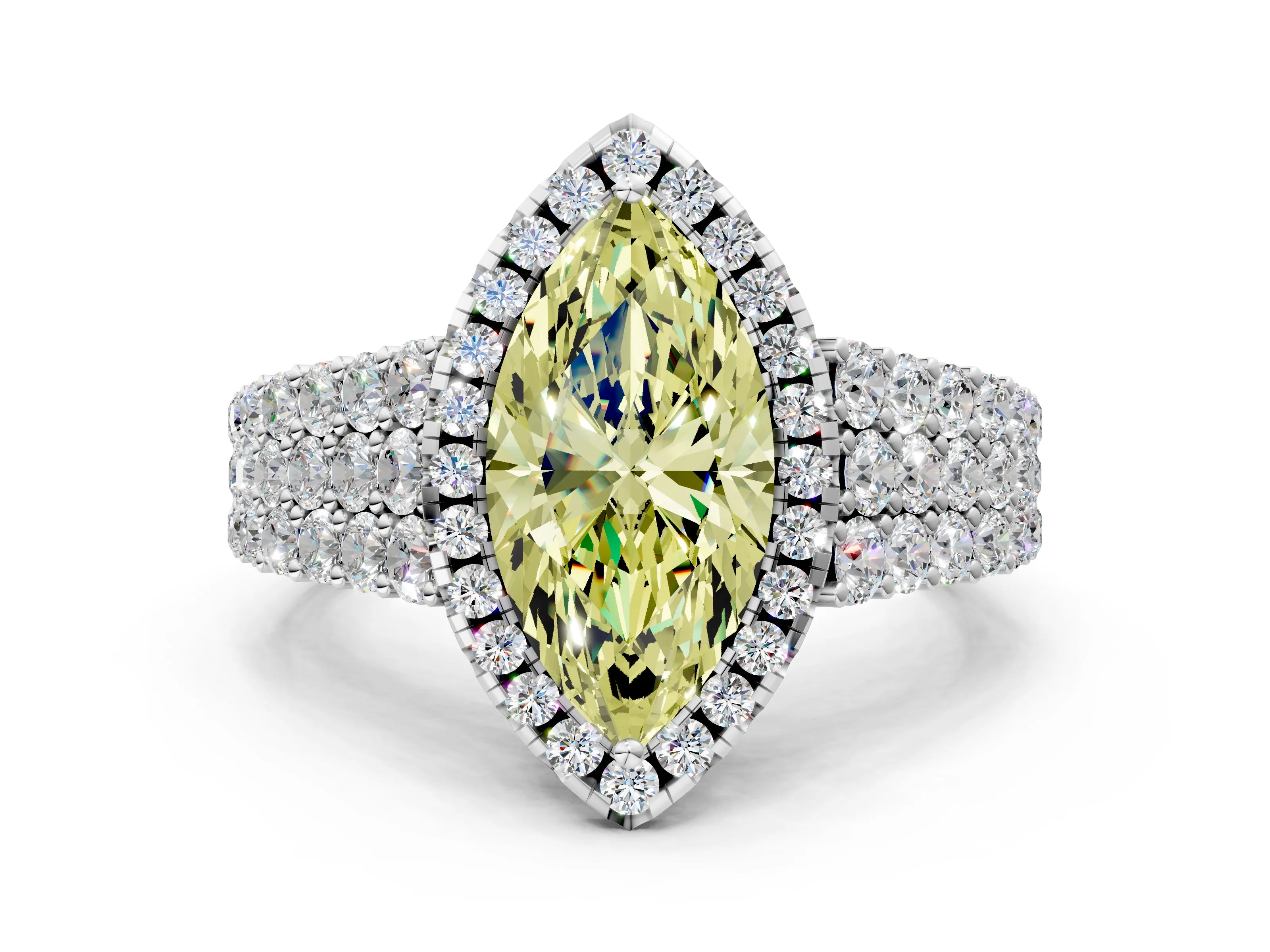 White gold Fancy Yellow Marquise Cut Halo Pavé Diamond Engagement Ring with Split Shank and Four-Prong Setting_3